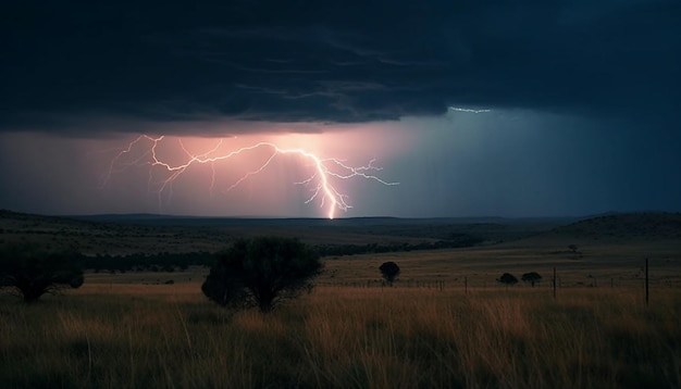 Gratis foto elektriciteit verlicht spookachtig landschap tijdens onweersnacht gegenereerd door ai