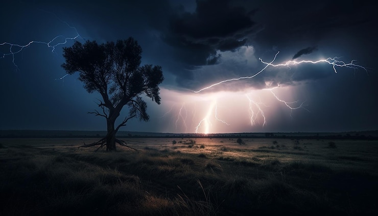 Gratis Foto elektriciteit vonken in donkere stormachtige nachtelijke hemel gegenereerd door ai