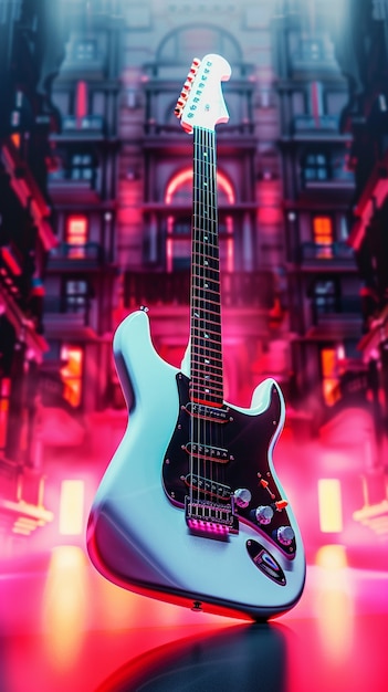 Gratis foto elektrische gitaar met neonlicht stilleven