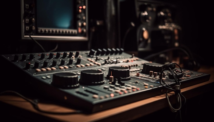 Gratis Foto elektrische mixerknop glijdende geluidstechnicus die niveaus aanpast die zijn gegenereerd door ai