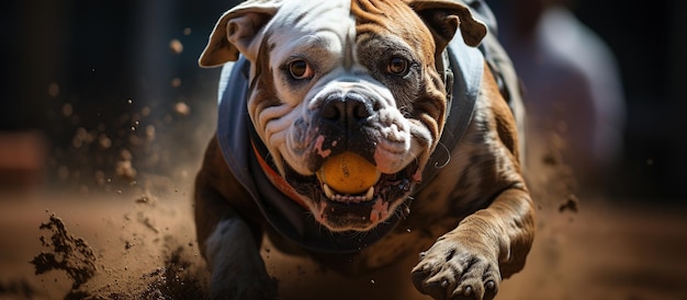 Gratis foto engels bulldog spelen met een bal in het zand close-up