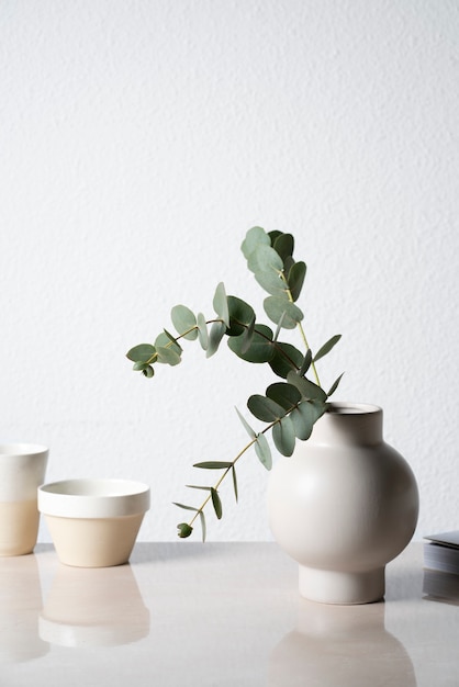 Gratis foto eucalyptus in witte vaas op tafel
