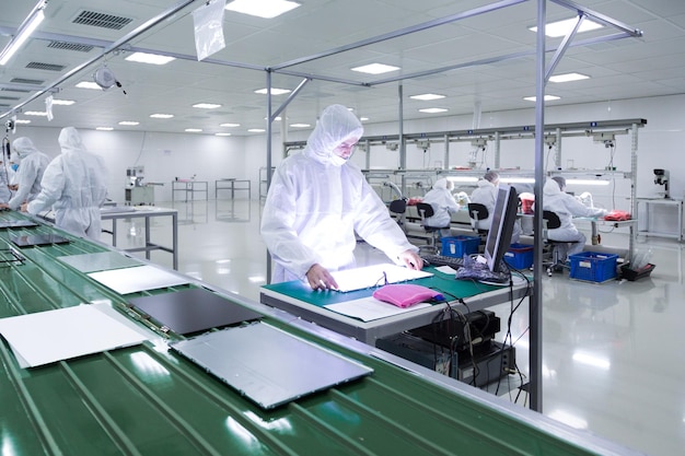 Fabrieksarbeiders in witte laboratoriumpakken en gezichtsmaskers die tv's produceren op een groene lopende band met wat moderne apparatuur, een arbeider kijkt in de monitor