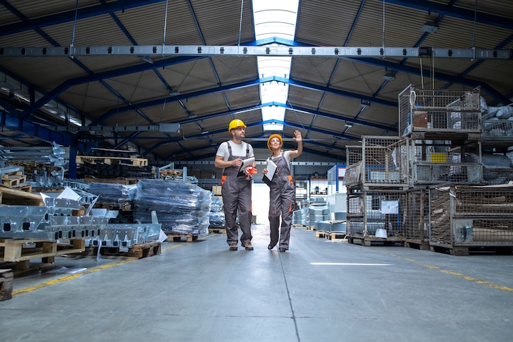 Gratis Foto fabrieksarbeiders lopen door grote productiehal