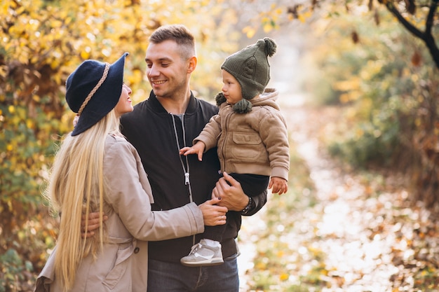 Familie met een kleine zoon in de herfstpark