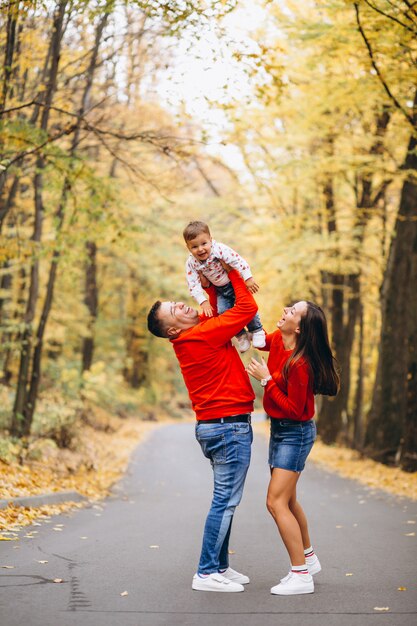 Familie met een kleine zoon in de herfstpark