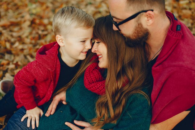 Familie met weinig zoon in een de herfstpark