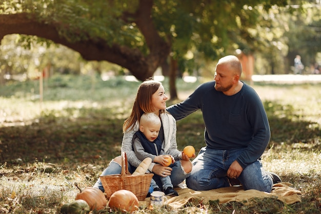 Familie met zoontje in een herfst park