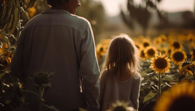 Familie omhelst in de natuur genietend van de zomerzonsondergang gegenereerd door AI