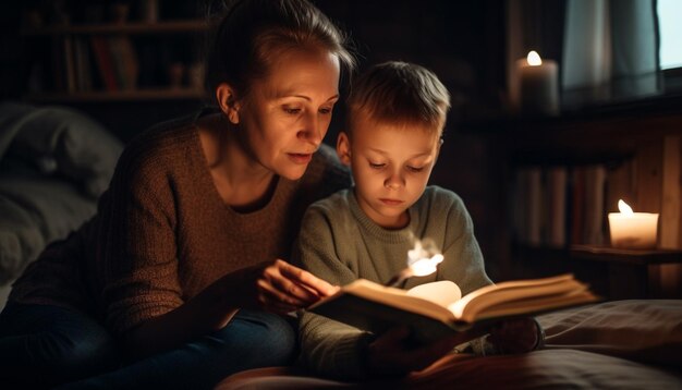 Familieband over verhaaltje voor het slapengaan in vuurlicht gegenereerd door AI