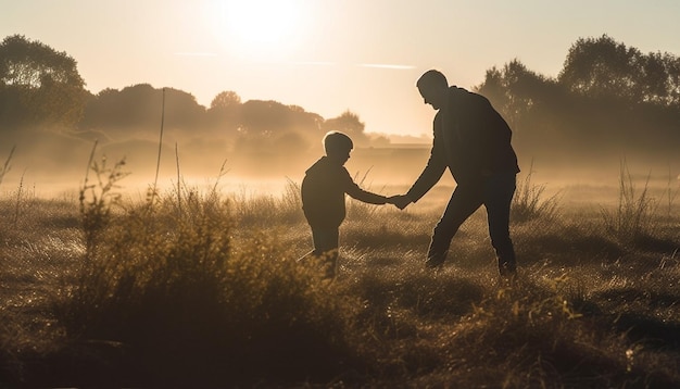 Familiebinding in de natuur zonsondergang silhouet omhelzing gegenereerd door AI