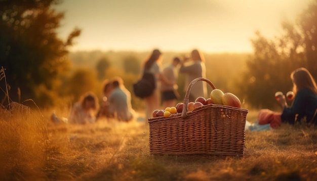 Gratis foto familiepicknick in de wei genietend van vers fruit gegenereerd door ai