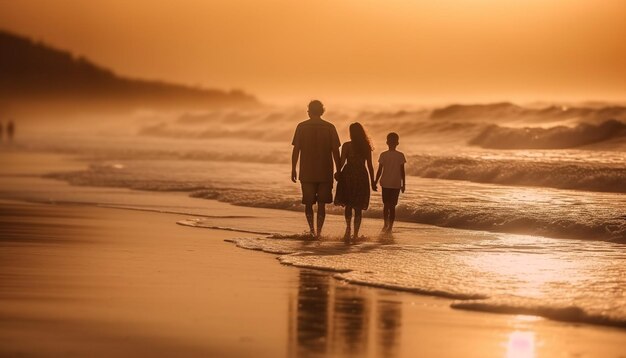 Familiewandelingen op het strand bij zonsondergang hechting gegenereerd door AI