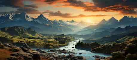 Gratis foto fantastisch berglandschap met een rivier en hoge toppen bij zonsondergang