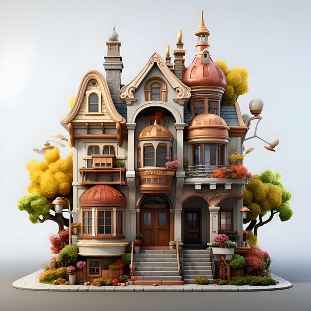 Gratis foto fantasy huis met bomen en bloemen 3d render illustratie