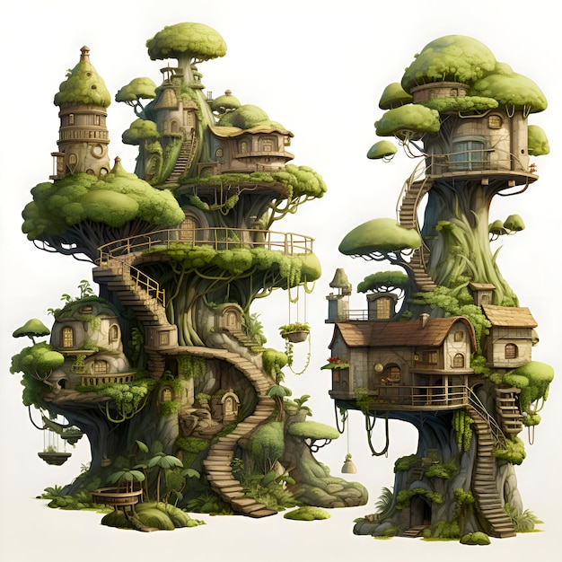 Fantasy landschap met bomen huizen en paddenstoelen 3D illustratie