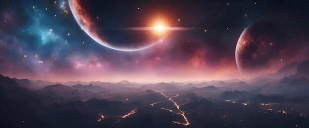 Fantasy landschap met planeten en sterren 3d rendering Computer digitale tekening