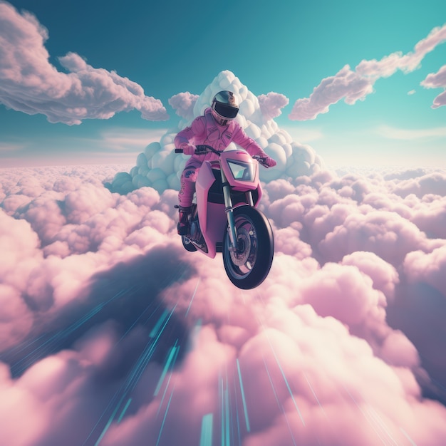 Gratis foto fantasy-stijl wolken en een man op een motor