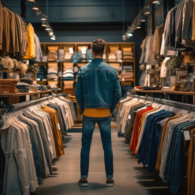 Fast fashion concept met man in kledingwinkel