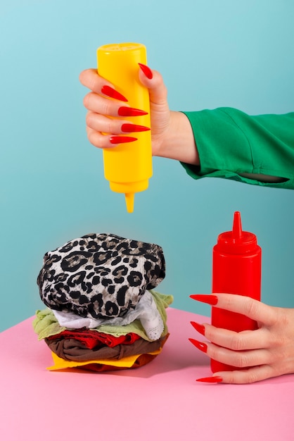 Gratis foto fast fashion concept met materialen en textiel vermomd als burger