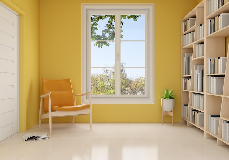 Gratis Foto fauteuil in gele woonkamer voor mockup