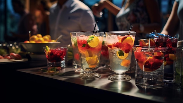 Gratis foto feestgasten genieten van verfrissende drankjes bij een goed gevuld drankstation