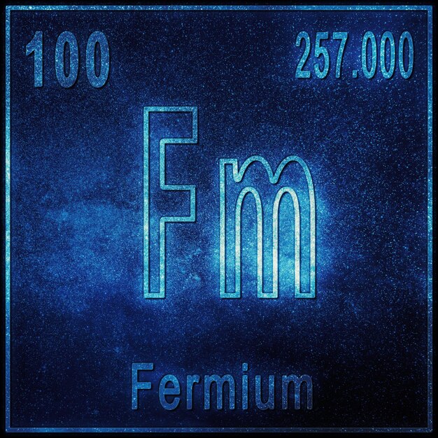 Fermium scheikundig element, bord met atoomnummer en atoomgewicht, periodiek systeemelement