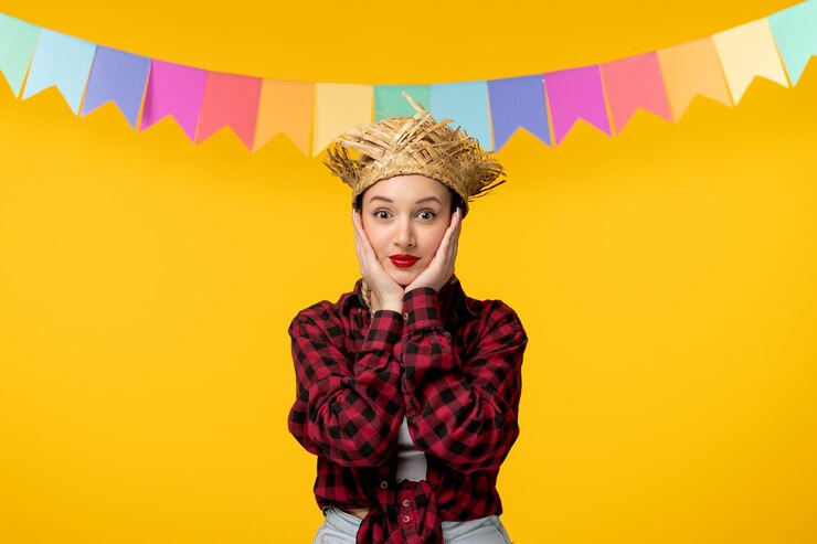 Gratis Foto festa junina blond schattig meisje in strohoed braziliaans festival met kleurrijke vlaggen met gezicht