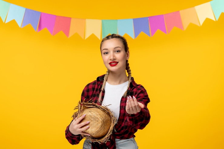 Gratis Foto festa junina blond schattig meisje in strohoed braziliaans festival uitnodigend met hand
