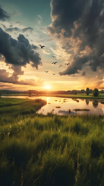 Gratis foto filmische zonsondergang groene velden met een meer vogels in de lucht