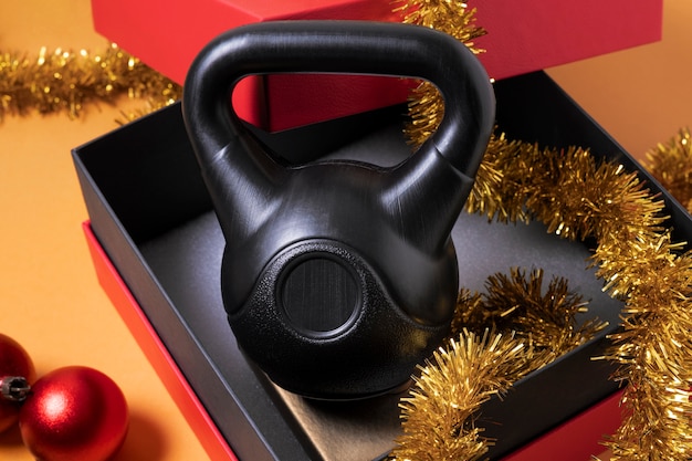 Fitnessapparatuur met kerstthema en decoraties