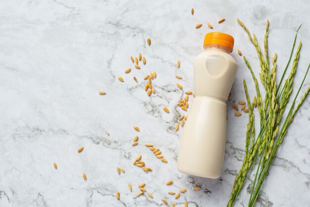 Fles rijstmelk met rijstplant en rijstzaad op witte marmeren vloer