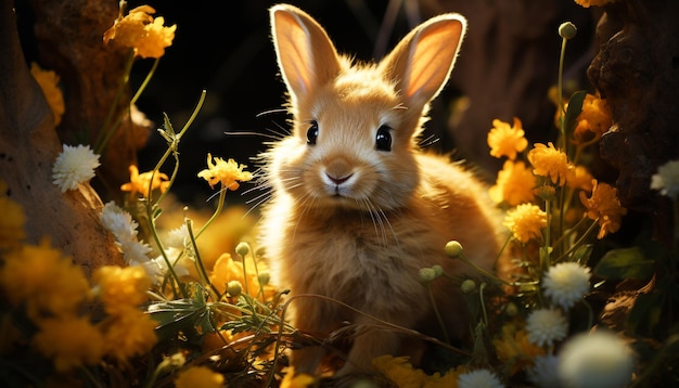 Fluffy baby konijn zit in de weide omringd door gele bloemen gegenereerd door kunstmatige intelligentie