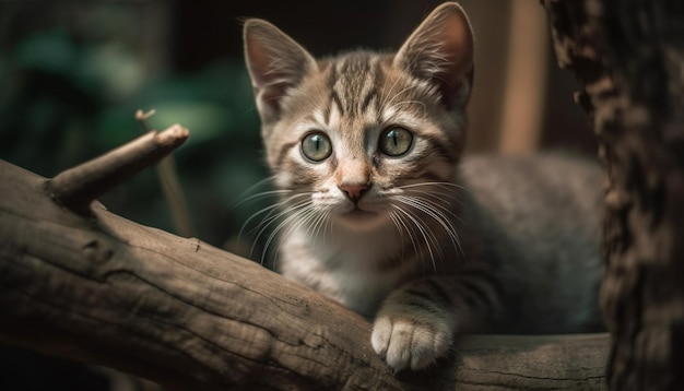 Fluffy kitten nieuwsgierig staren naar camera buiten gegenereerd door AI