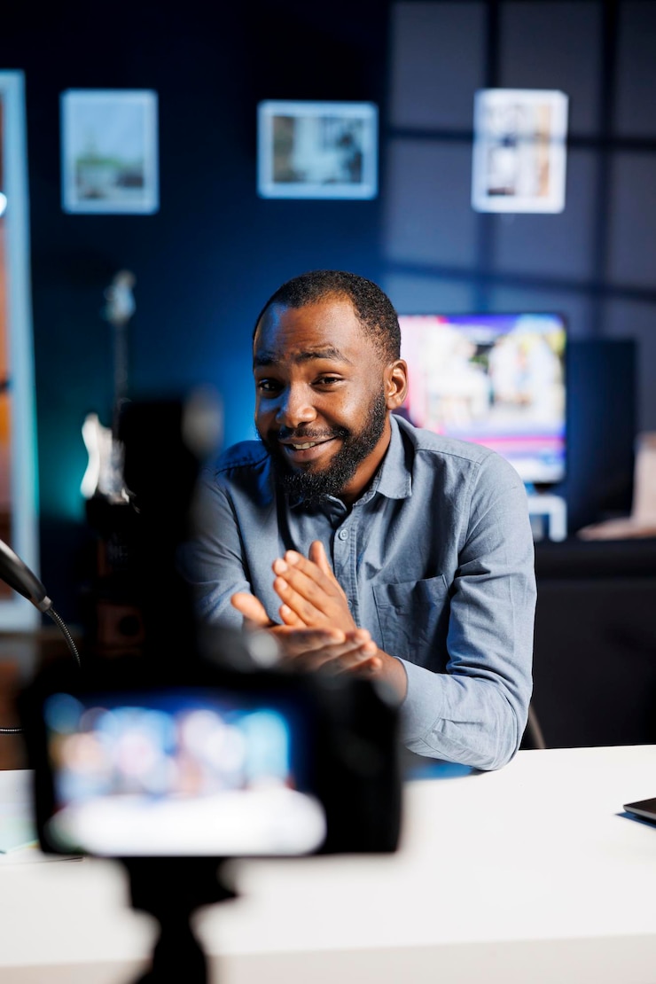 Gratis Foto focus op afro-amerikaanse content creator die technische recensies filmt voor zijn internetkanaal met behulp van professionele videoproductieapparatuur in een wazige achtergrond die wordt gebruikt voor het vastleggen van beelden