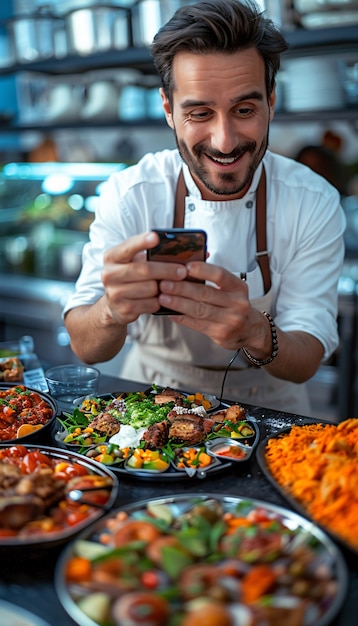 Gratis foto food content creator die verschillende gerechten filmt om op het internet te uploaden