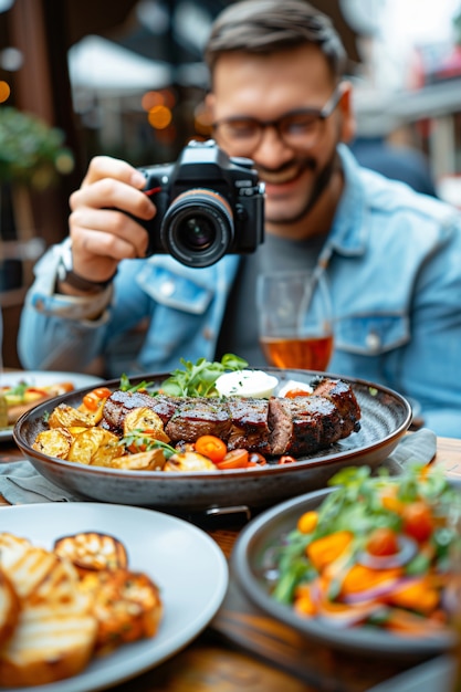 Gratis foto food content creator filming variety of dishes to upload on the internet