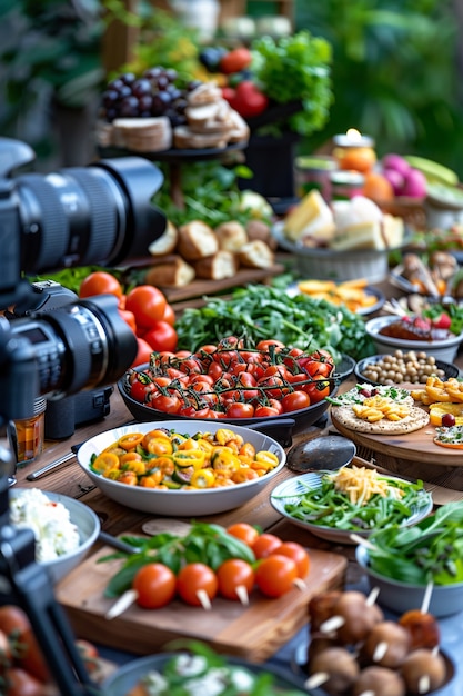 Gratis foto food content creator filming variety of dishes to upload on the internet