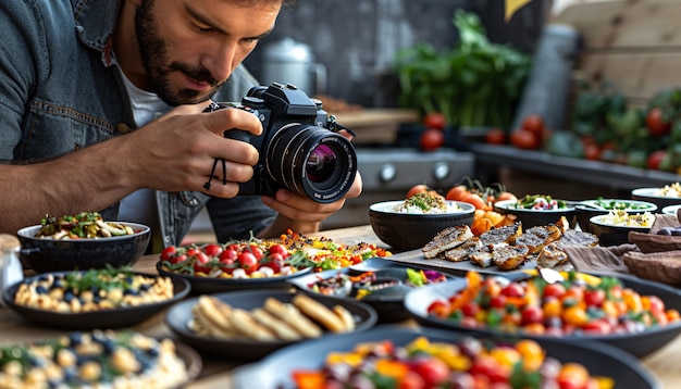 Gratis foto food content creator filming variety of dishes to upload on the internet