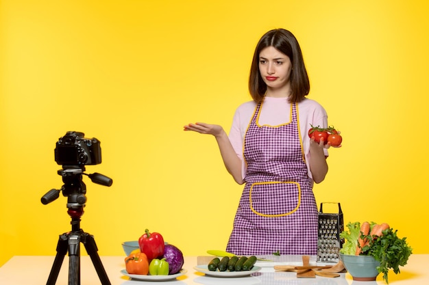 Gratis foto foodblogger gezonde fitnesschef die video opneemt voor sociale media met tomaten