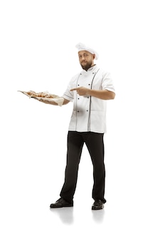 Fornuis, chef-kok, bakker in uniform geïsoleerd op wit