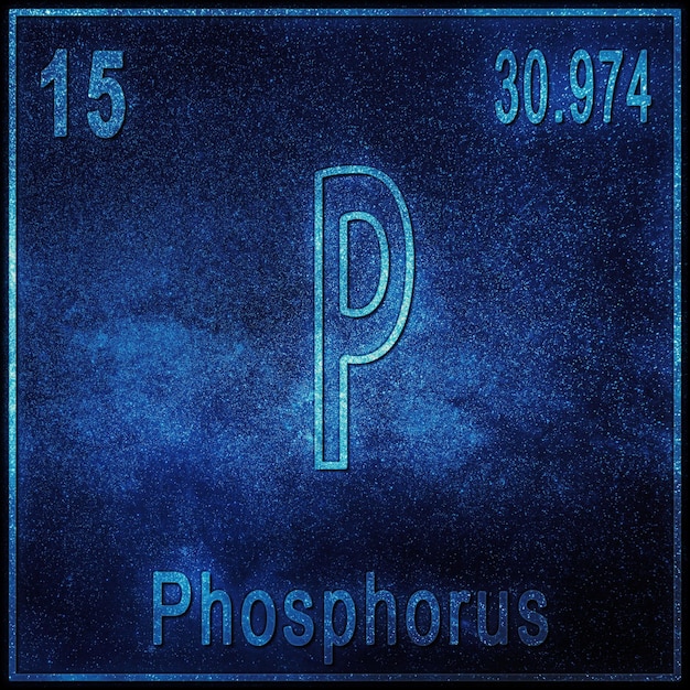 Fosfor scheikundig element, bord met atoomnummer en atoomgewicht, periodiek systeemelement