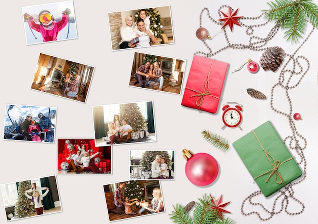 Foto's kerstfoto's op rustieke houten achtergrond.