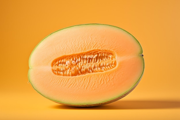 Foto van een doormidden gesneden meloen op een pasteloranje achtergrond