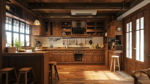 Fotorealistisch interieur van een houten huis met houten inrichting en meubels