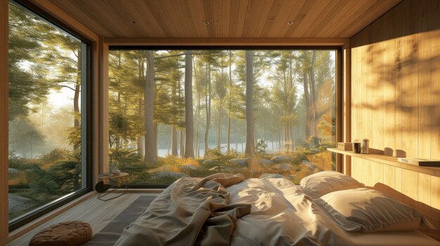 Fotorealistisch interieur van een houten huis met houten inrichting en meubels