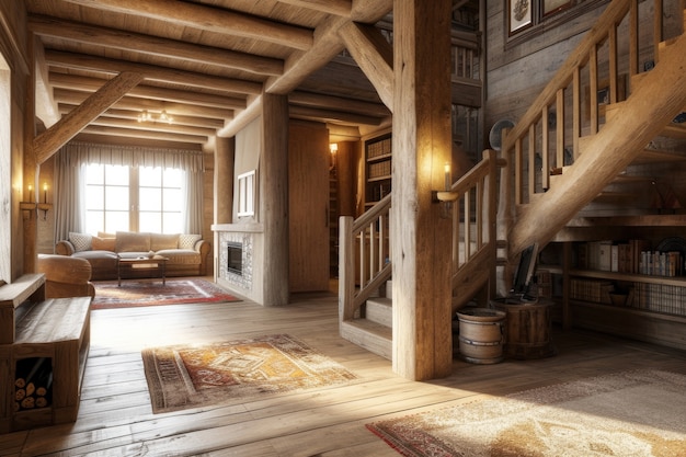 Fotorealistisch interieur van een houten huis met houten inrichting en meubels