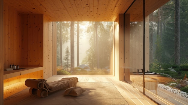 Fotorealistisch interieur van een houten huis met houten inrichting en meubels