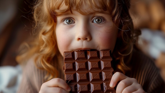 Fotorealistisch portret van een kind dat smakelijke en zoete chocolade eet