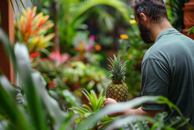 Gratis foto fotorealistisch portret van een persoon met exotische ananasvruchten